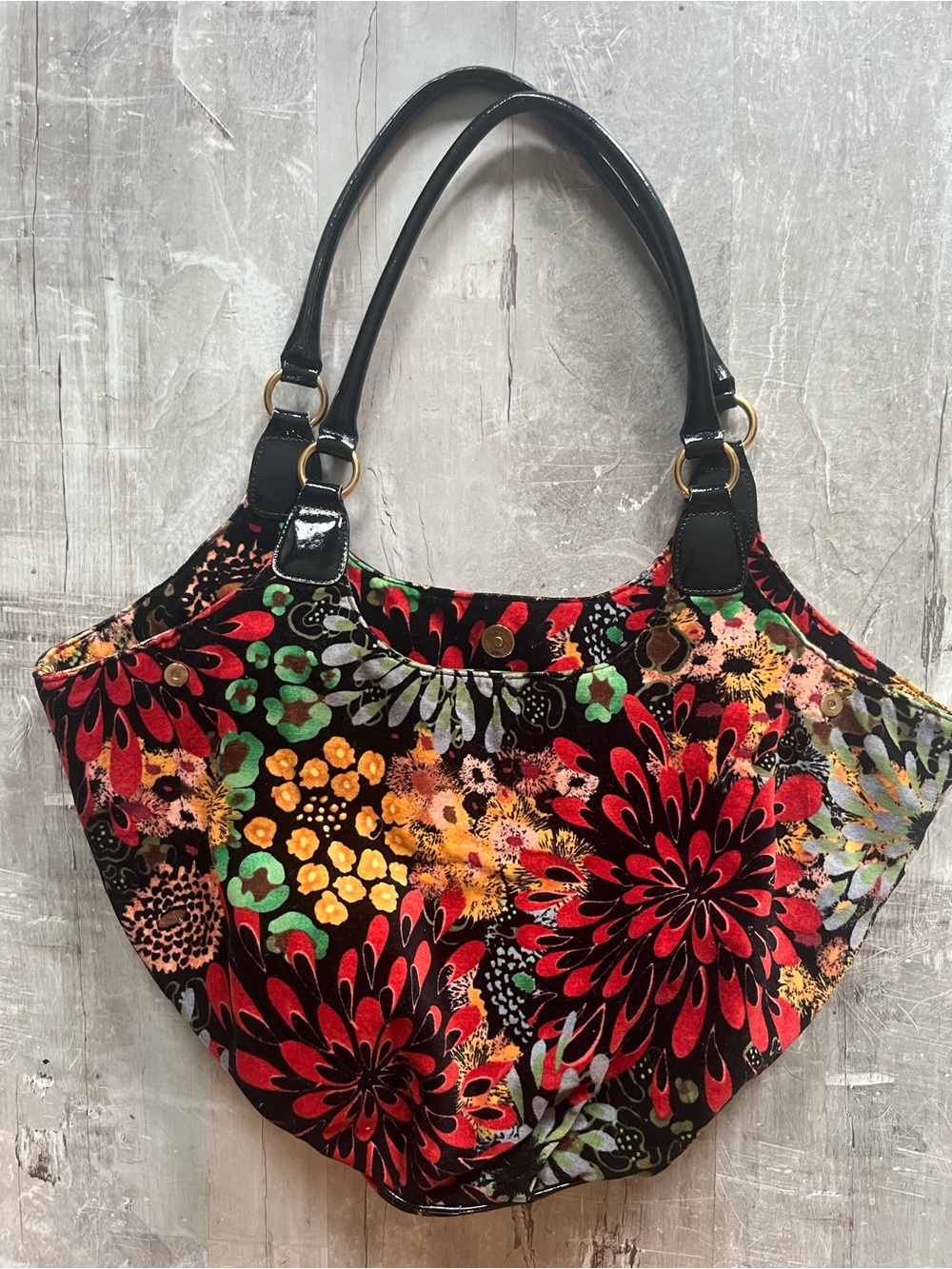 Talbots Black Floral Multi-Color Tote with Patent Handles 12 x 18